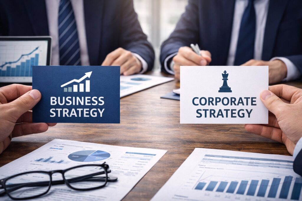 business strategy vs corporate strategy, business strategy, corporate strategy